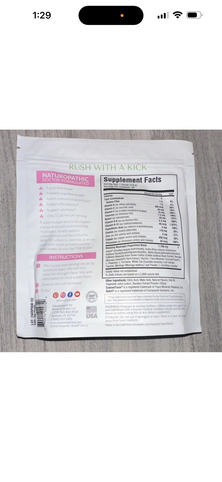 Bravenly RUSH Extreme Energy Powder Drink Mix 28 Serv Watermelon