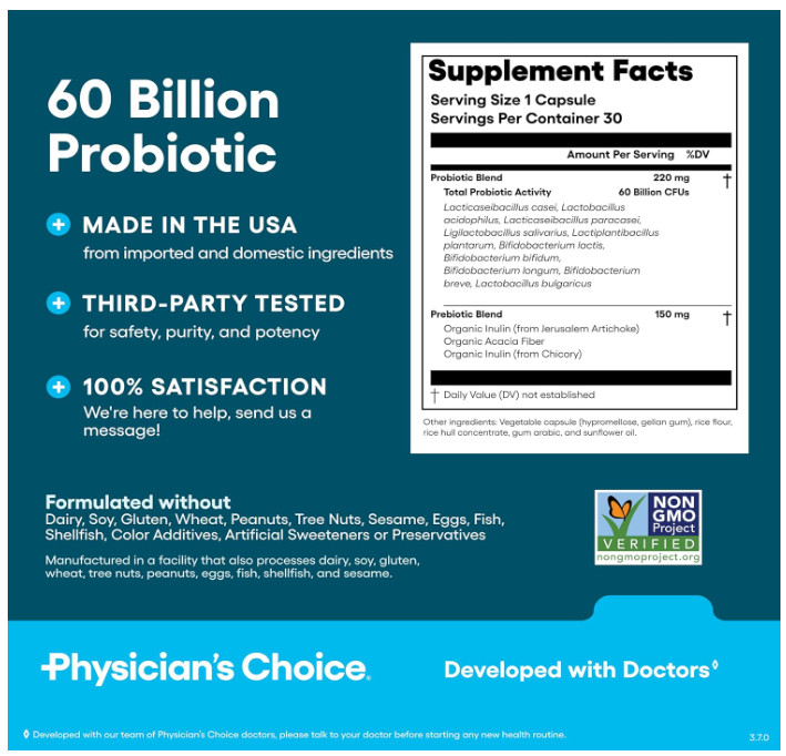 Physician’s CHOICE Probiotics 60 Billion CFU 30 Caps Digestive Gut Health