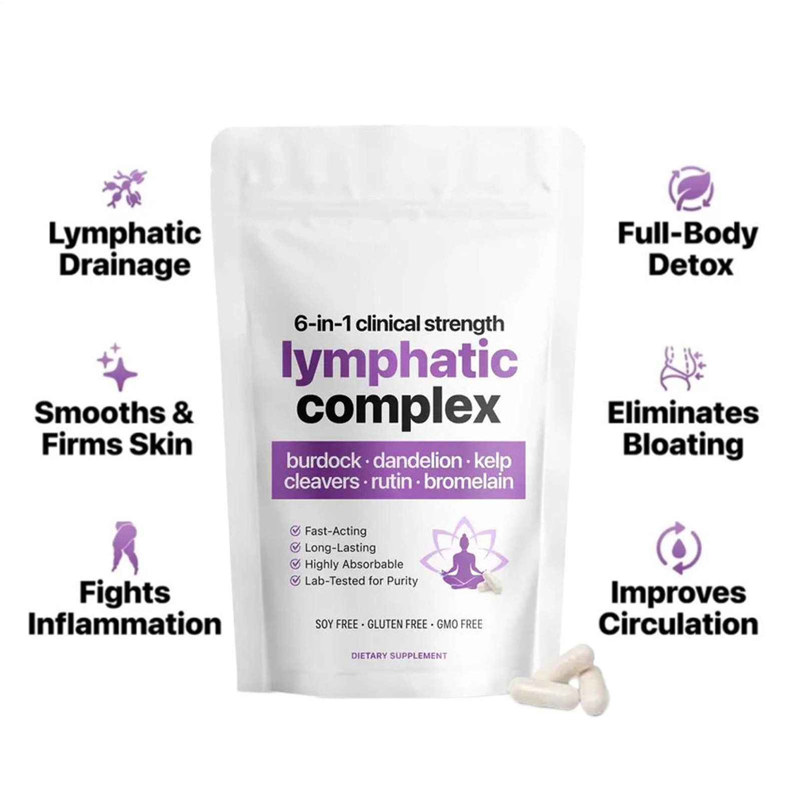 6-in-1 LYMPHATIC Complex Drainage Supplement Dandelion Burdock Bromelain Kelp