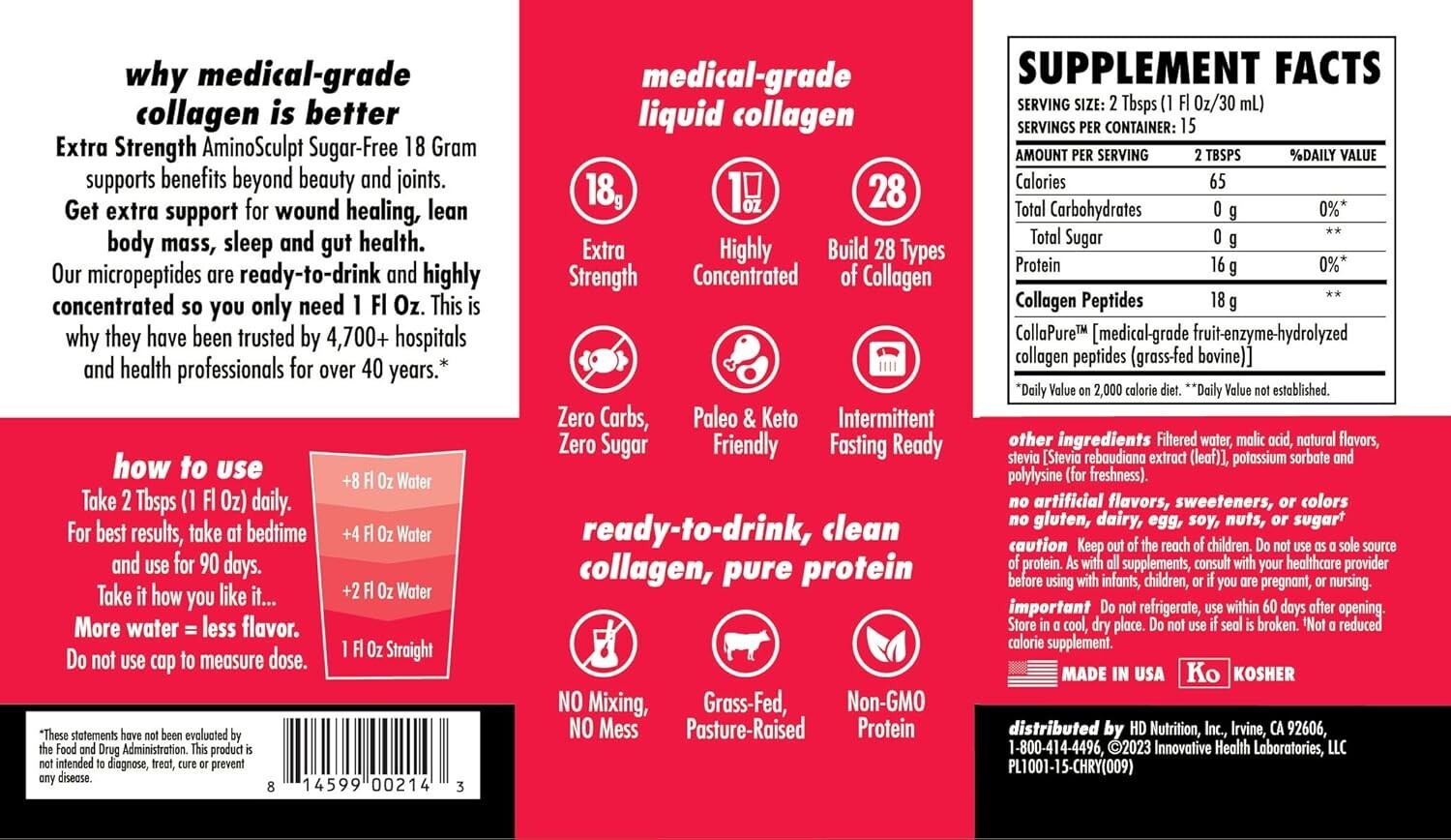 Health Direct AminoSculpt Collagen Micropeptides, Tart Cherry, 30 fl oz