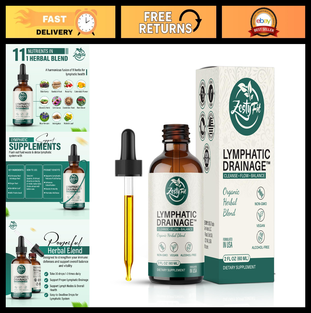 Organic Lymphatic Drainage Drops 11-in-1 Detox Support Liquid, Vegan, Non-GMO, 2