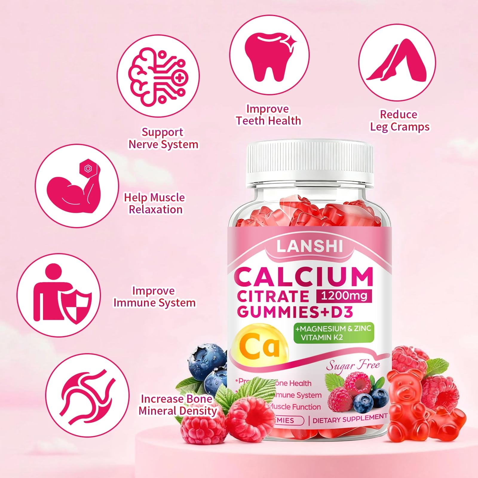 Lanshi Calcium Citrate Gummies 1200Mg Vitamin D3 K2 Supplements For Women Men
