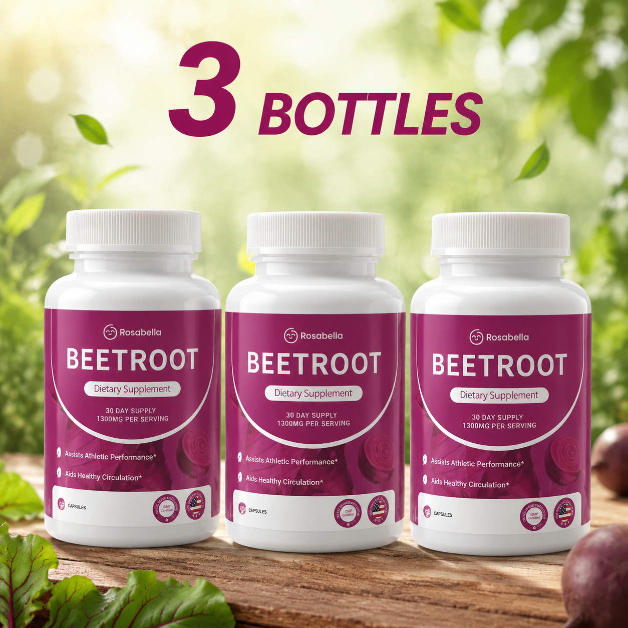 3BOTTLES of Rosabella (1300mg) Organic Beetroot Capsules for Blood Flow & Heart