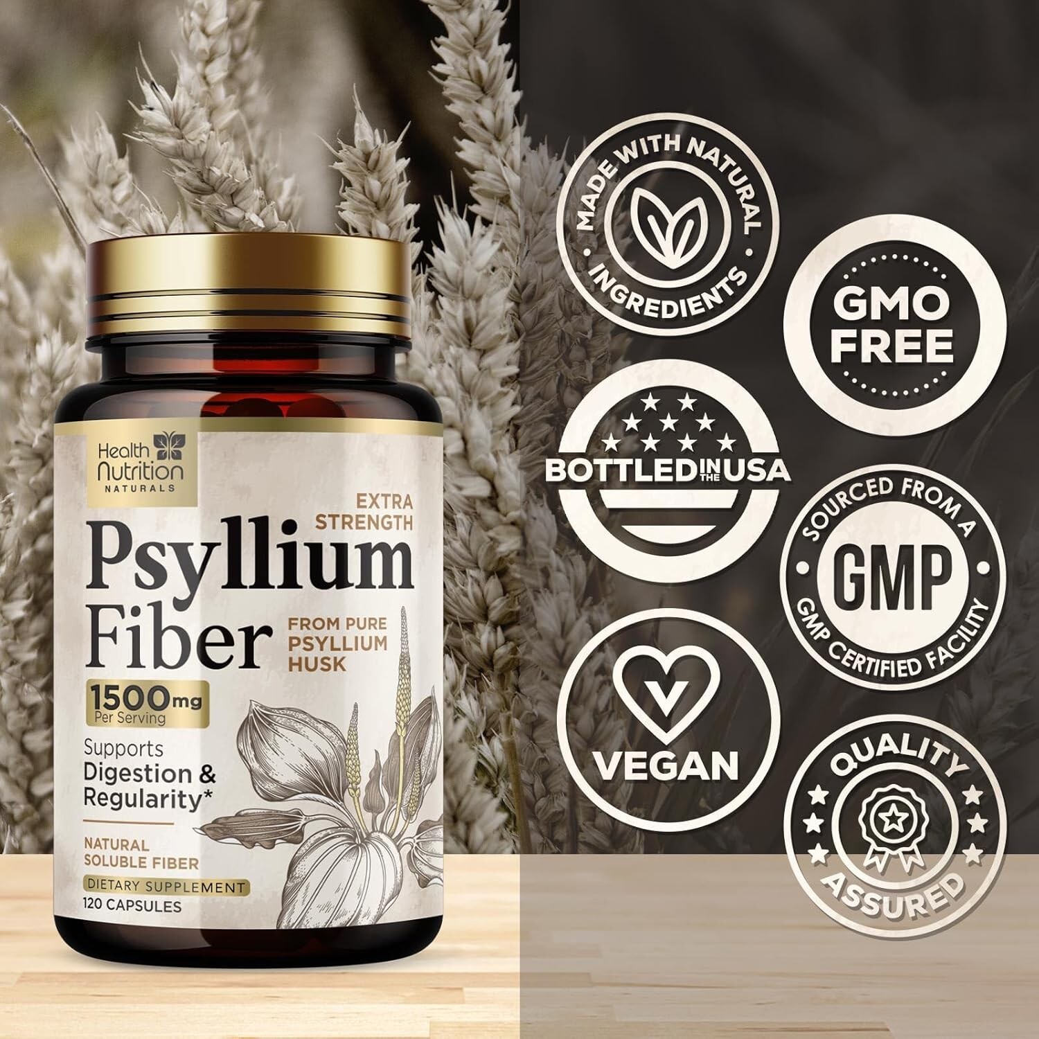 High Absorption Psyllium Husk Capsules 1500mg Daily Fiber Supplement, Psyllium