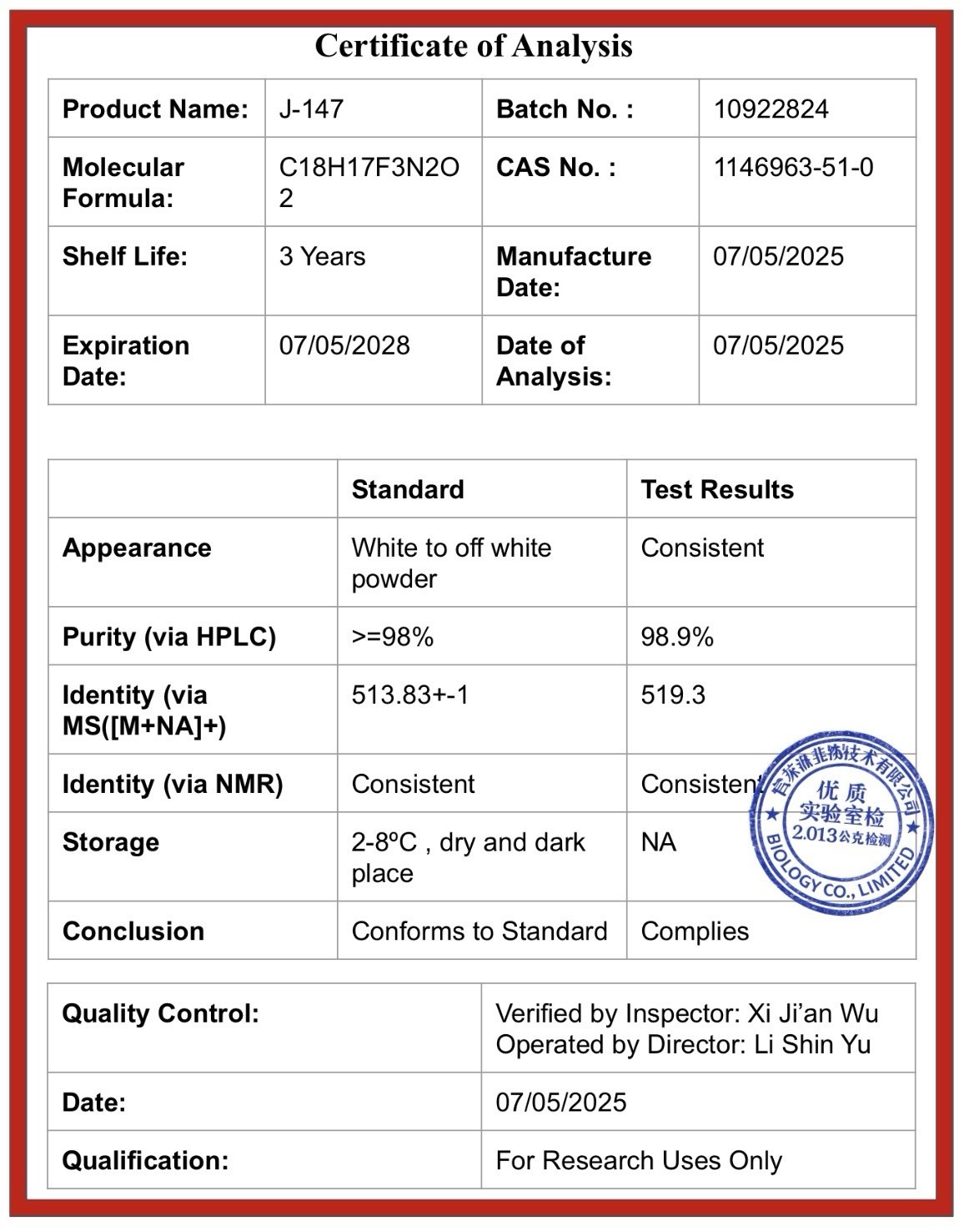 J-147 500 mg Powder CAS 1807913-16-1 Biological Laboratory Research