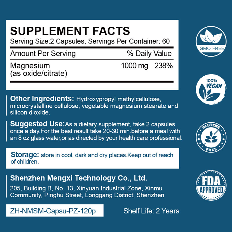 Magnesium Citrate 1000mg 120 Caps Vegetarian/Gluten Free/Non-GMO