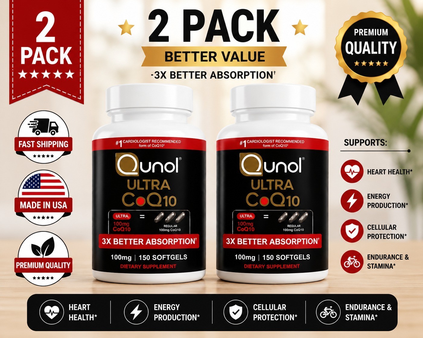 Qunol Ultra CoQ10 100mg 2 Pack 300 Softgels Heart Energy Antioxidant Support