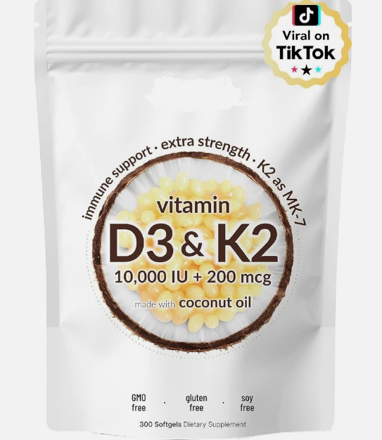 Vitamin D3 10000 iu Plus K2 (MK-7) 200 mcg, 300 Virgin Coconut Oil Softgels