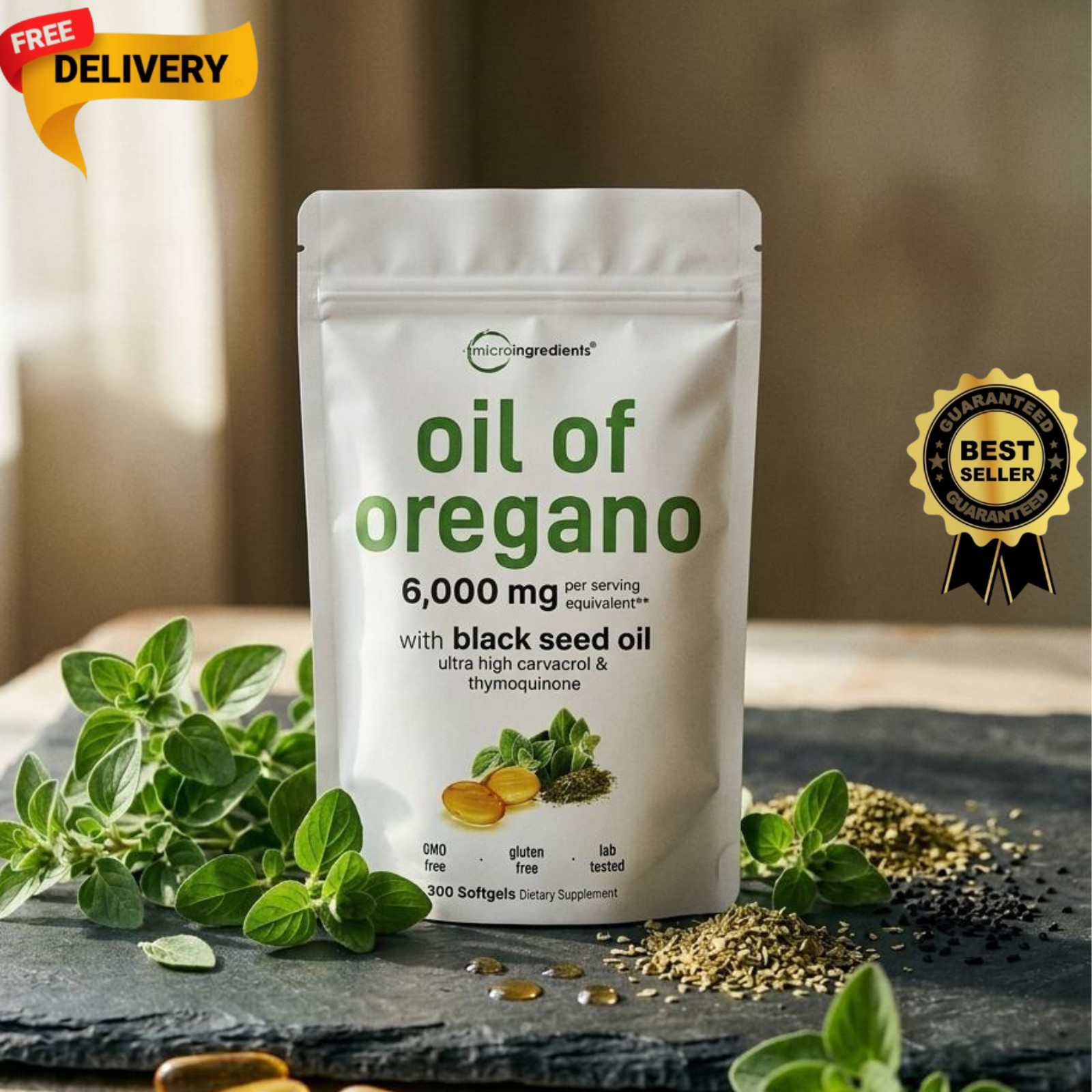 Oil of Oregano 6000mg with Black Seed Oil 300 Softgels Non-GMO Lab Tested