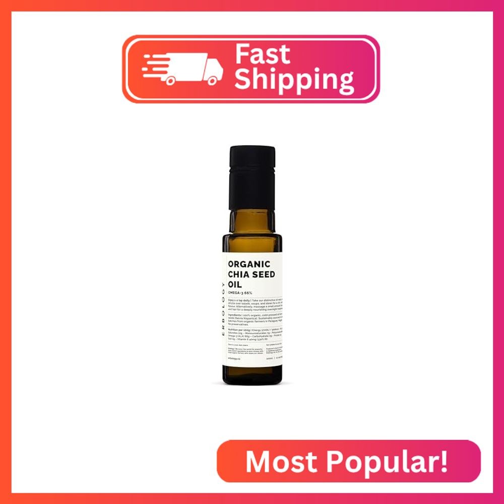 Erbology Organic Chia Seed Oil 3.4 fl oz – Cold-Pressed – Rich in Omega-3 (66%)