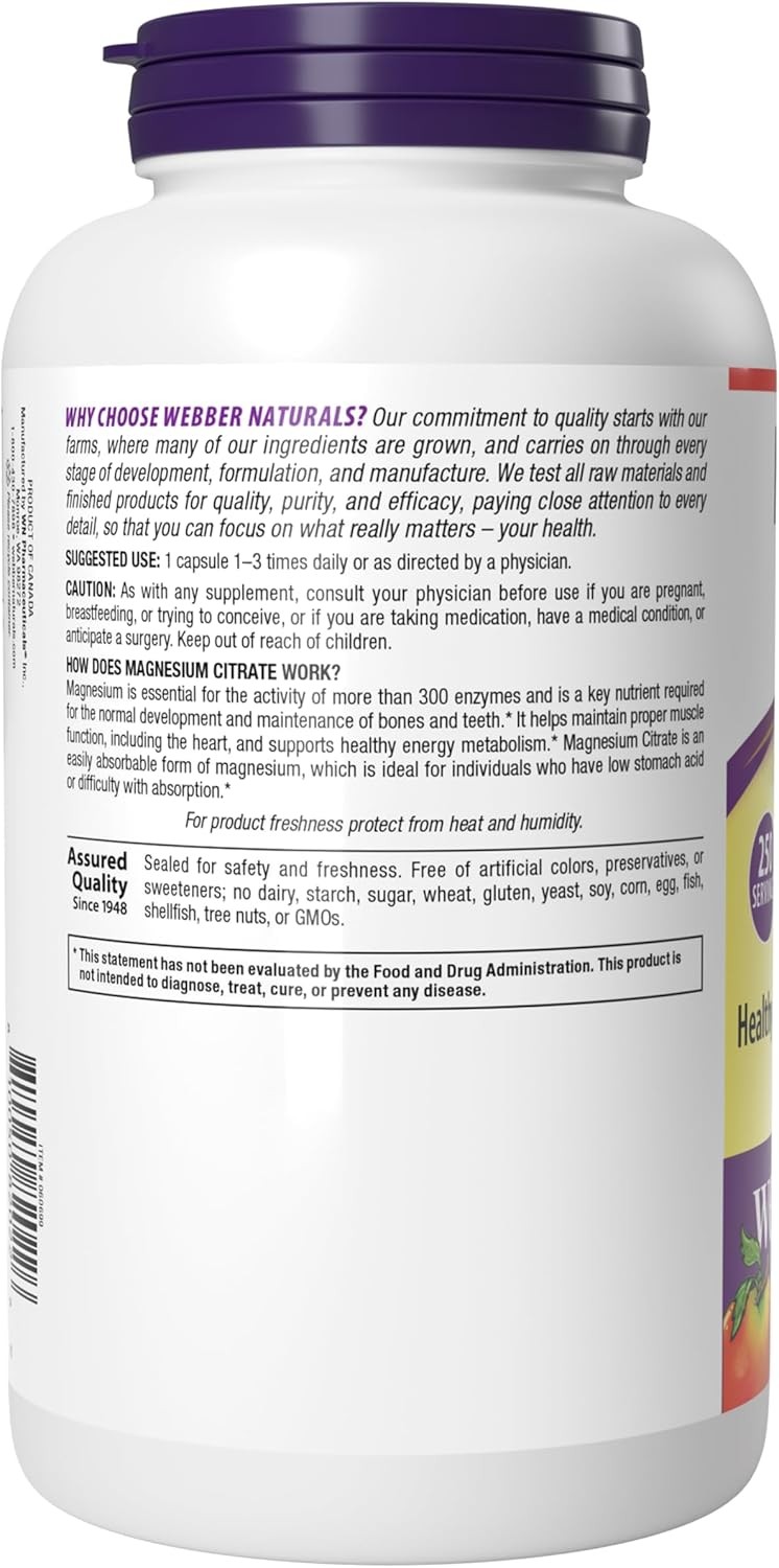 Webber Naturals Magnesium Citrate, 150 mg Per Capsule, 250 Count (Pack of 1)