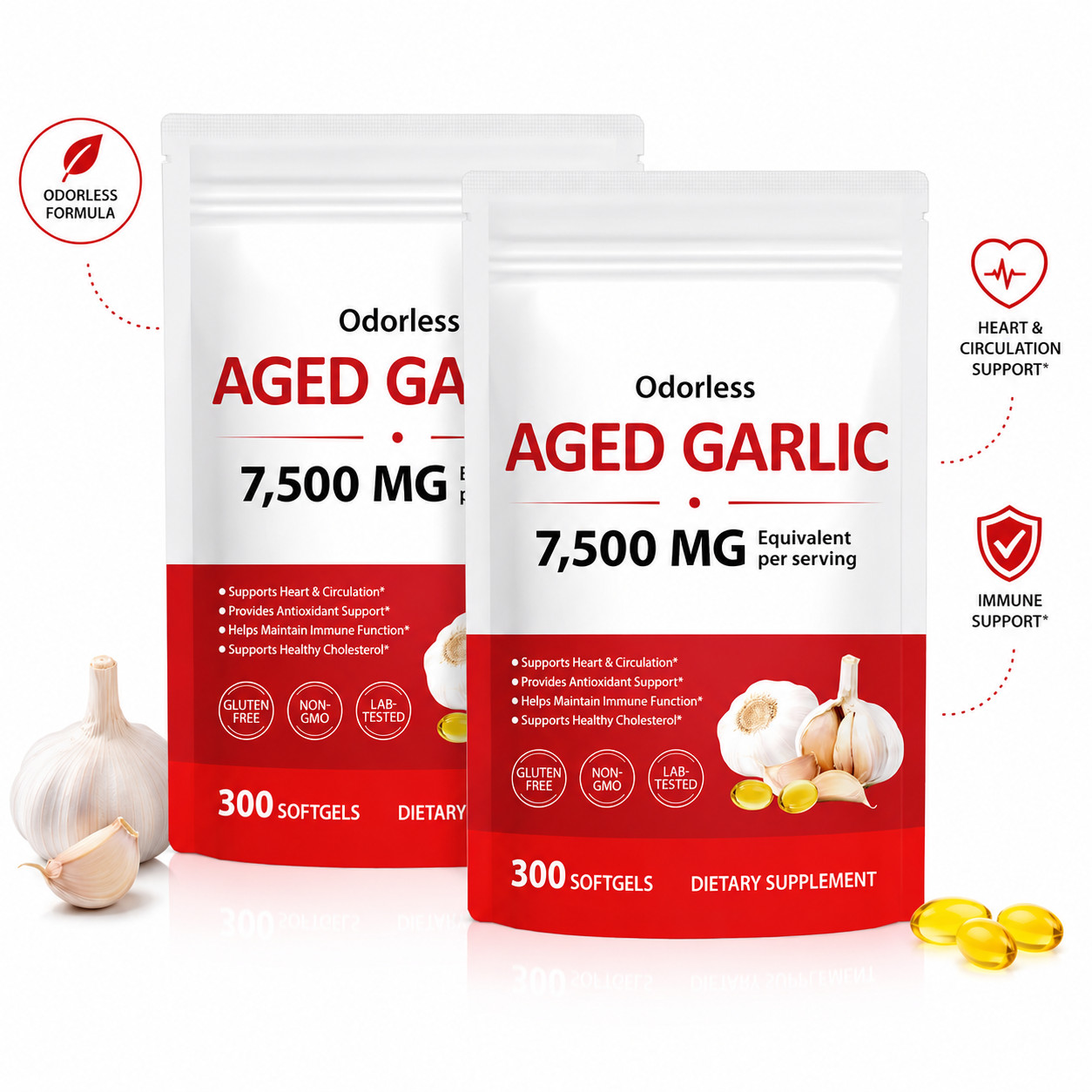 2 PACK Elare Aged Garlic Extract, 300 Softgels, 7500mg Odorless | Heart & Immune