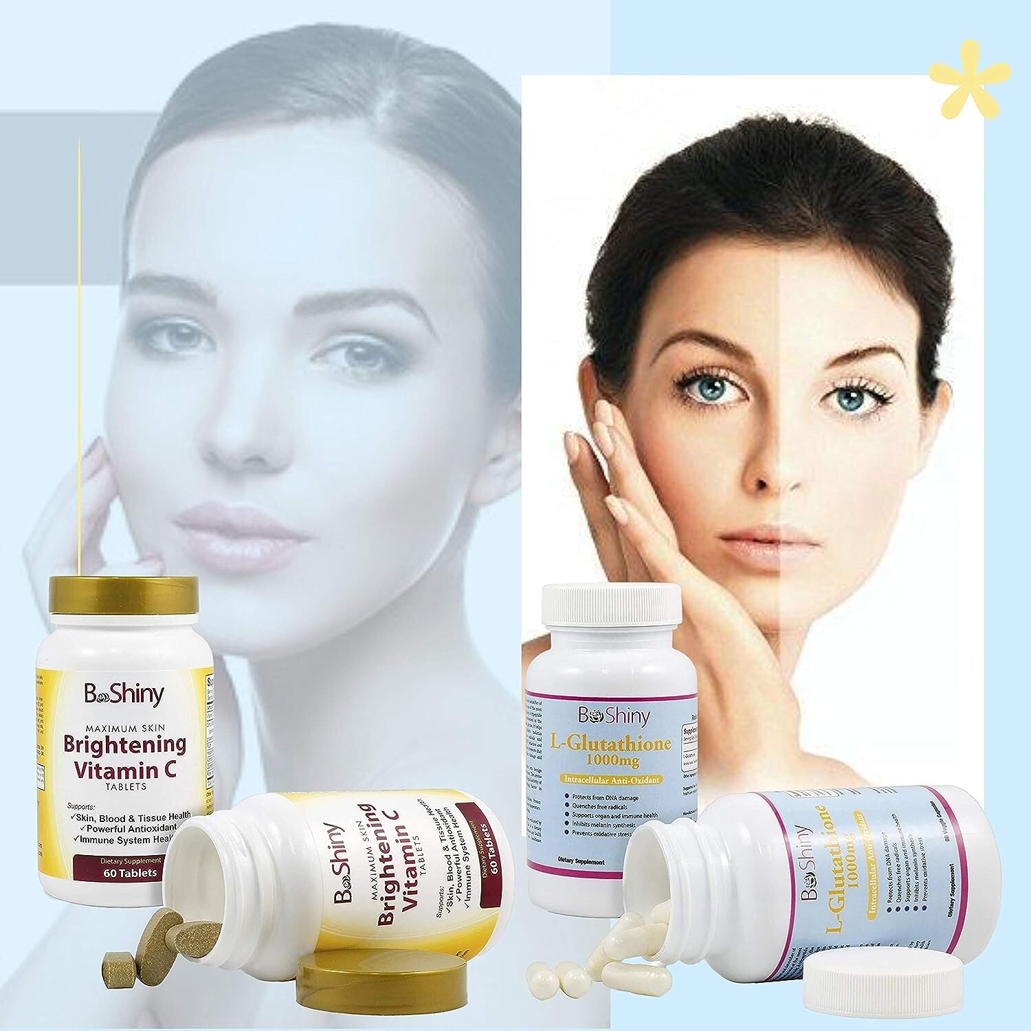 BeShiny Glutathione and Vitamin C 1000mg Skin Whitening Brightening Pills Set