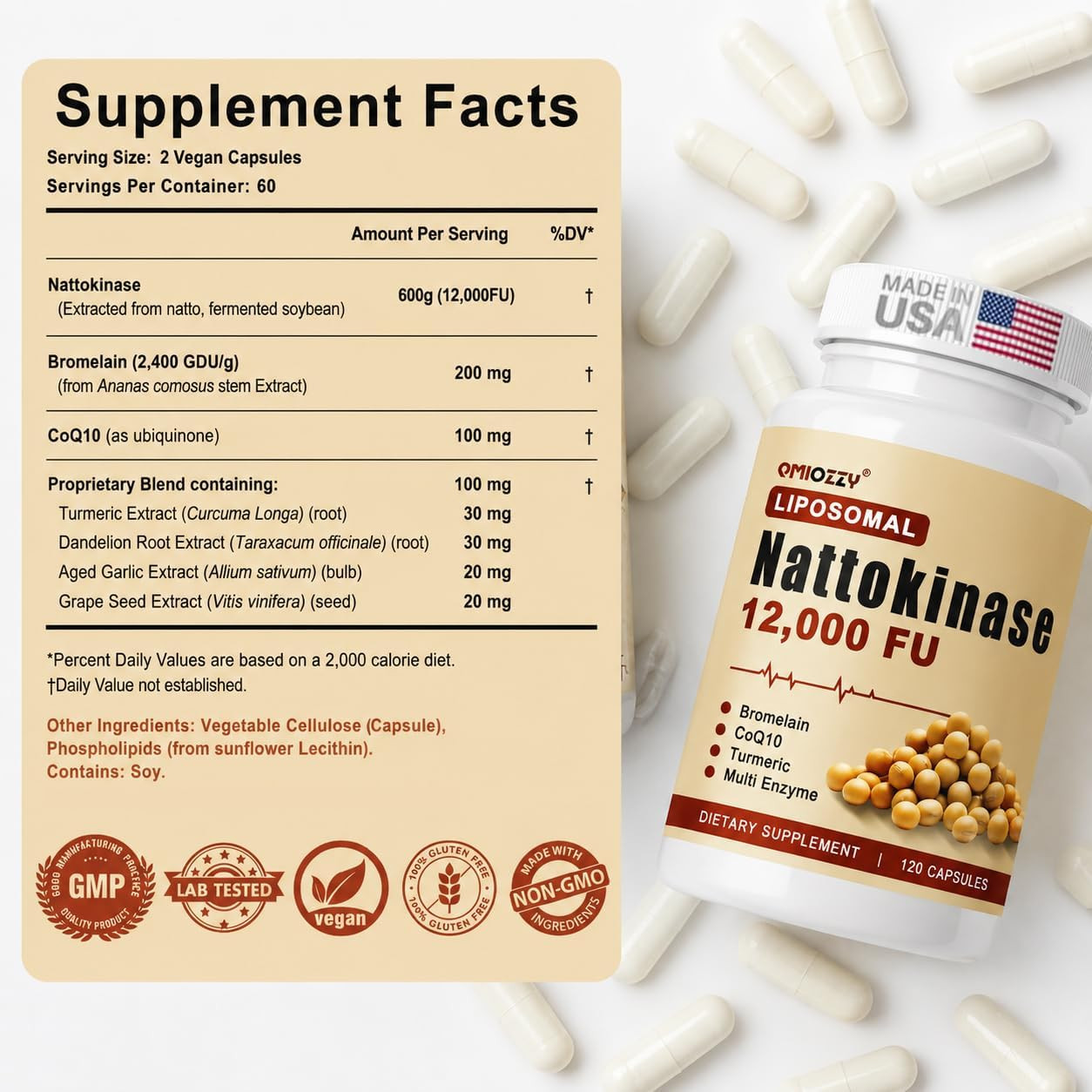 Nattokinase Supplement 12,000 FU, Liposomal Natto Kinase, Organic Fibrinolytic M