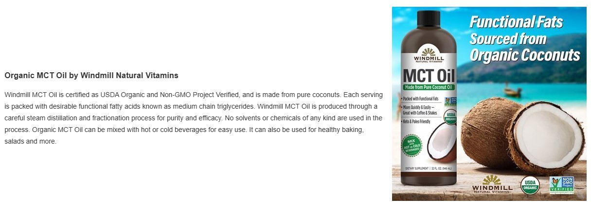 Windmill USDA Organic MCT Oil, 32 Fluid Ounces – Fresh – Free Shipping!