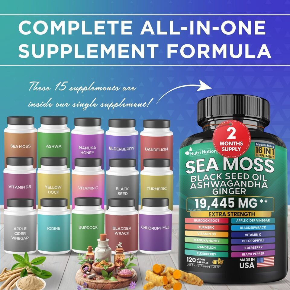 Sea Moss, Black Seed Oil, Ashwagandha, Turmeric, Ginger (16 in 1) 120 Capsules