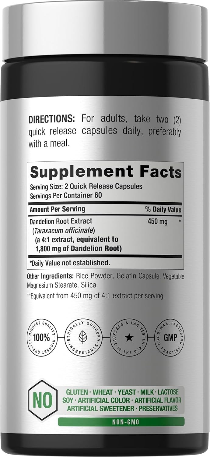 Dandelion Root Capsules 1800mg | 120 Count | Non-GMO, Gluten Free | by Horbaach