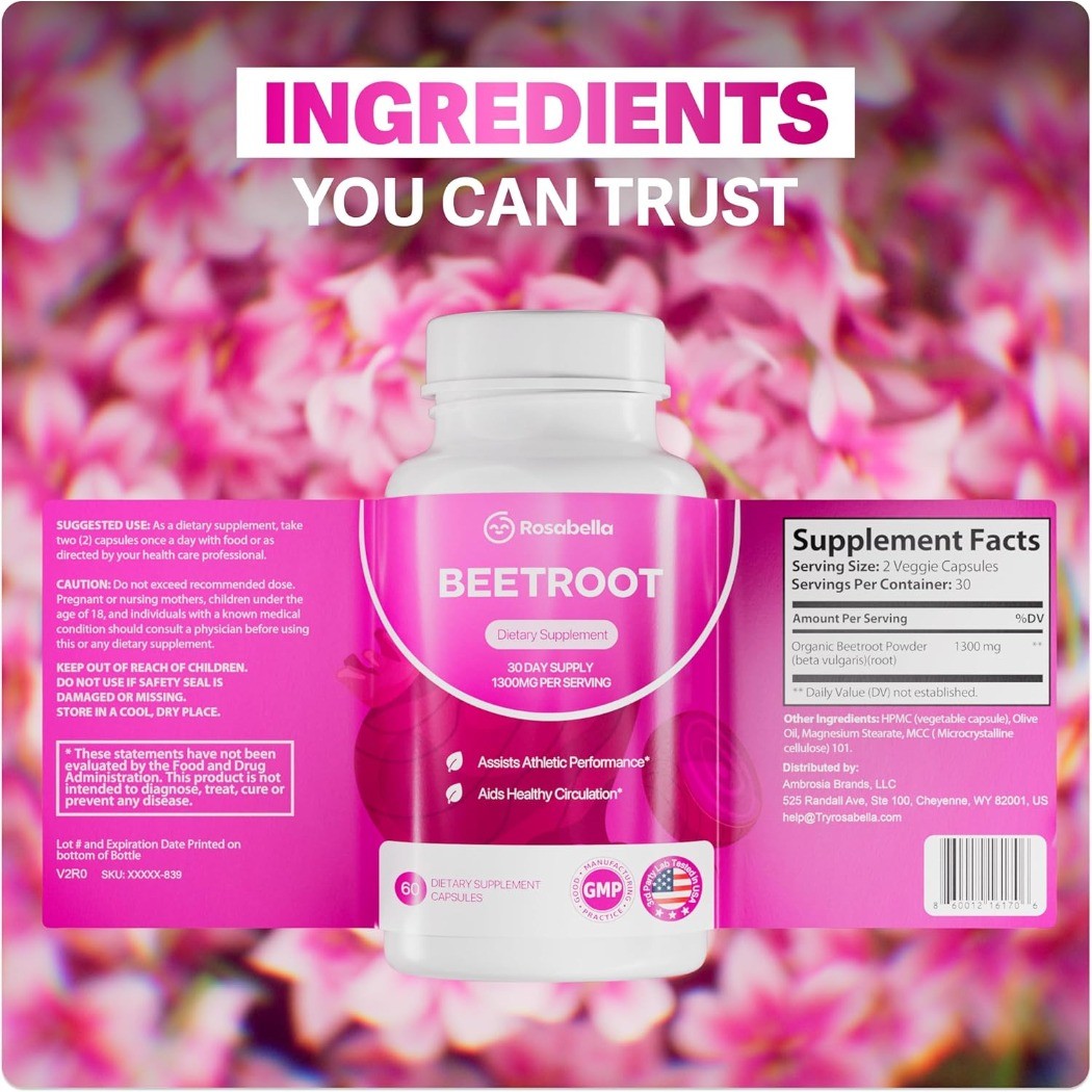 3-Pk Rosabella Organic Beetroot 1300mg – Circulation & Vitality – 180ct