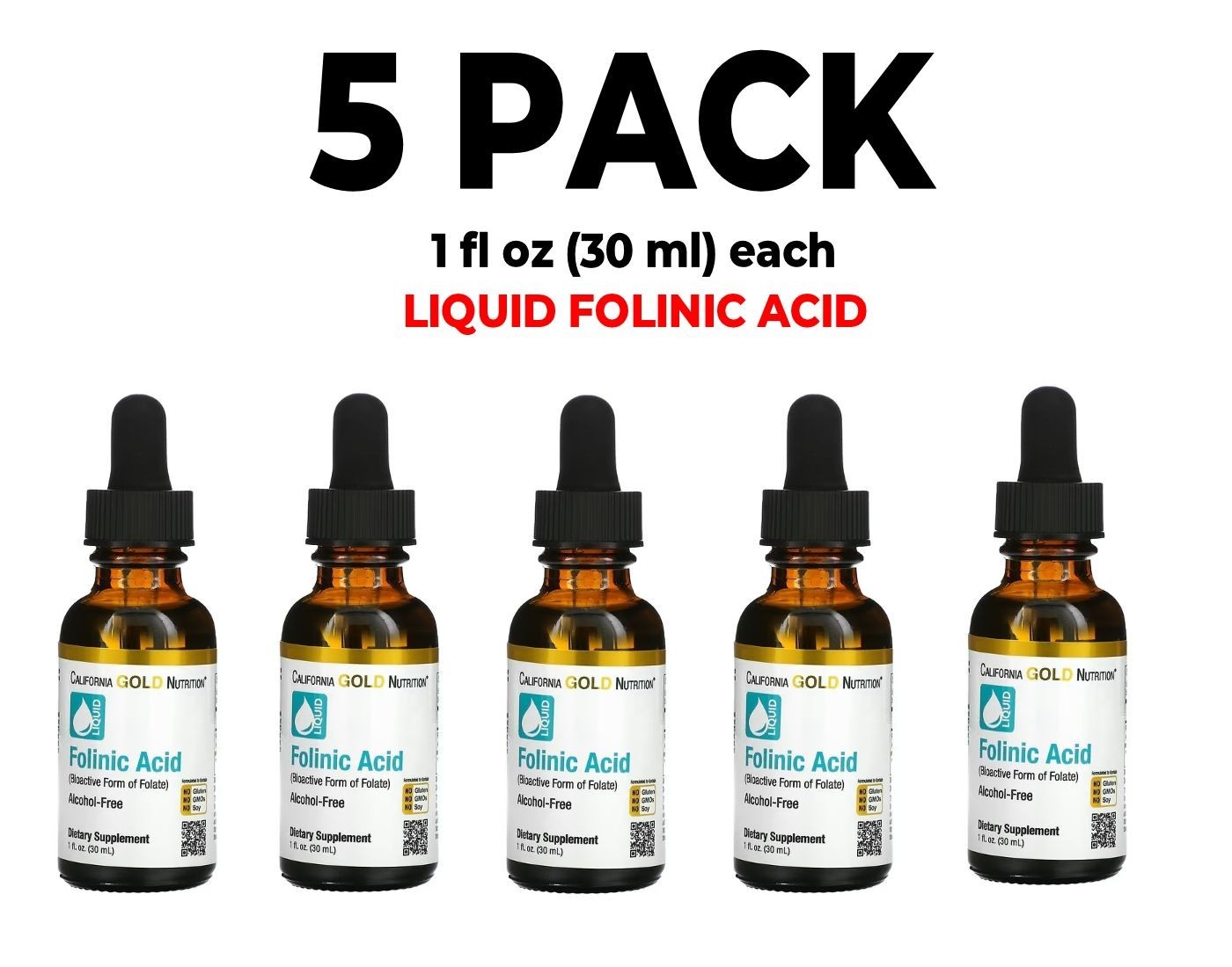 Folinic Acid, 5 PACK, 1 fl oz (30 ml) each by California Gold Nutrition