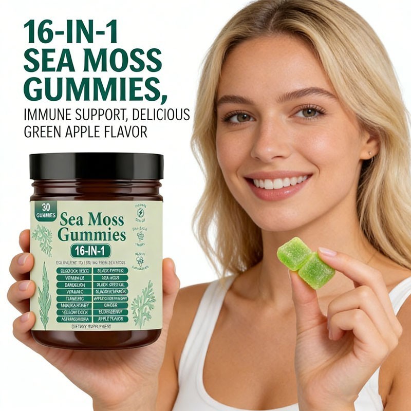 16 in 1 Organic Sea Moss Gummy | Irishmoss Extract 6000Mg | Green Apple Flavor