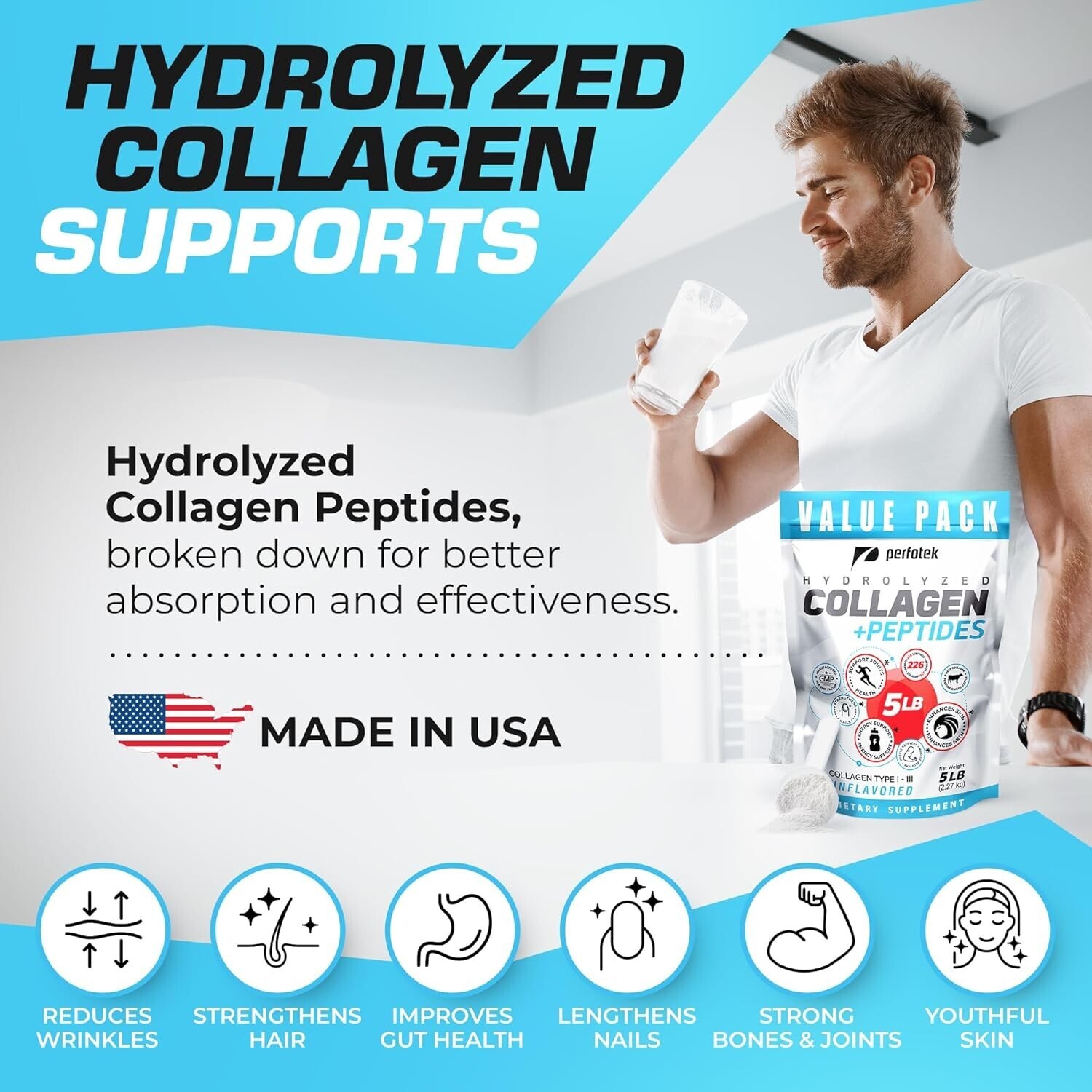 Perfotek Collagen Powder for Women Men (5Lb) Types I-III Unflavored Easy to Mix