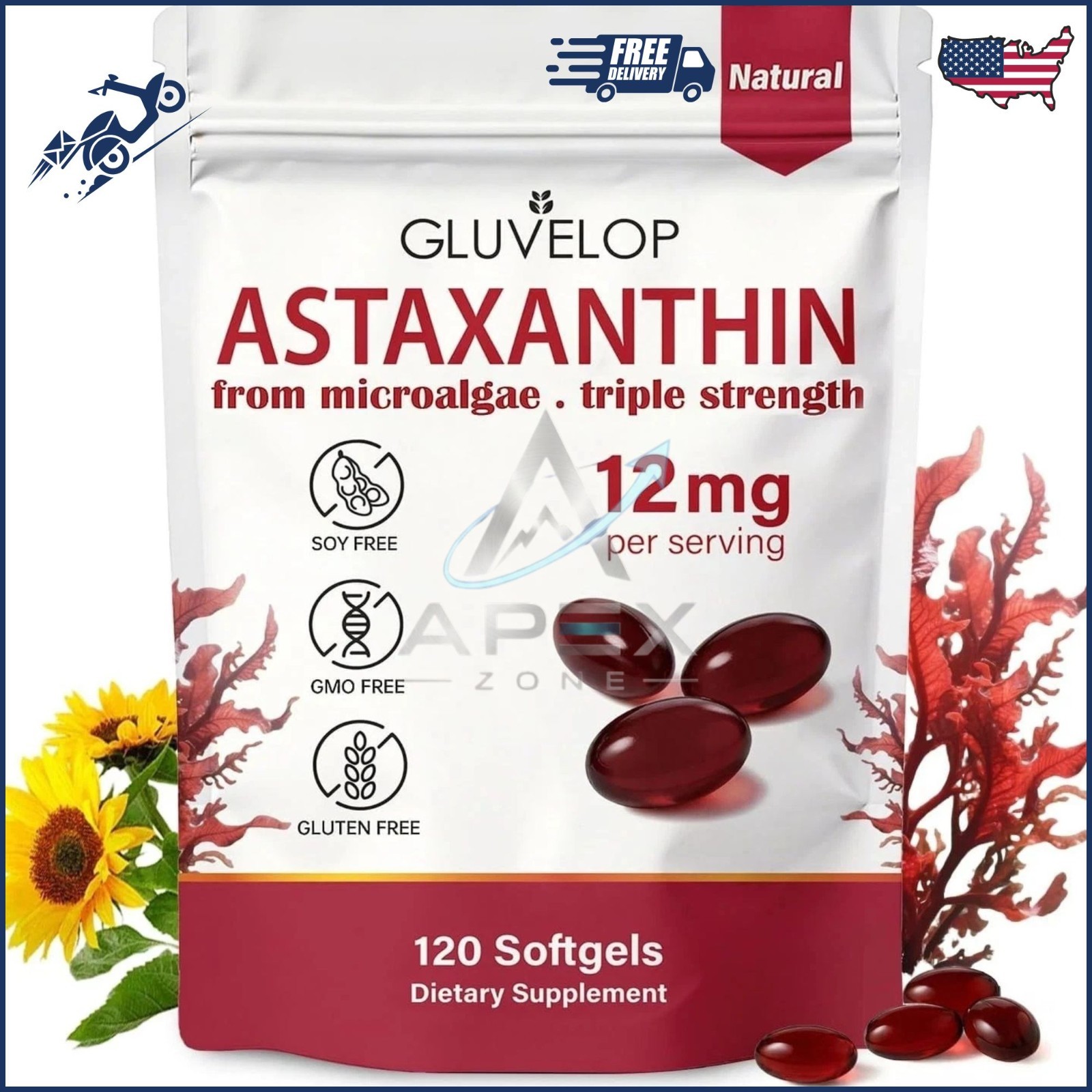 Astaxanthin 12mg 120 Softgels, 4 Month Supply,Triple Strength,Non-GMO,Eye Health