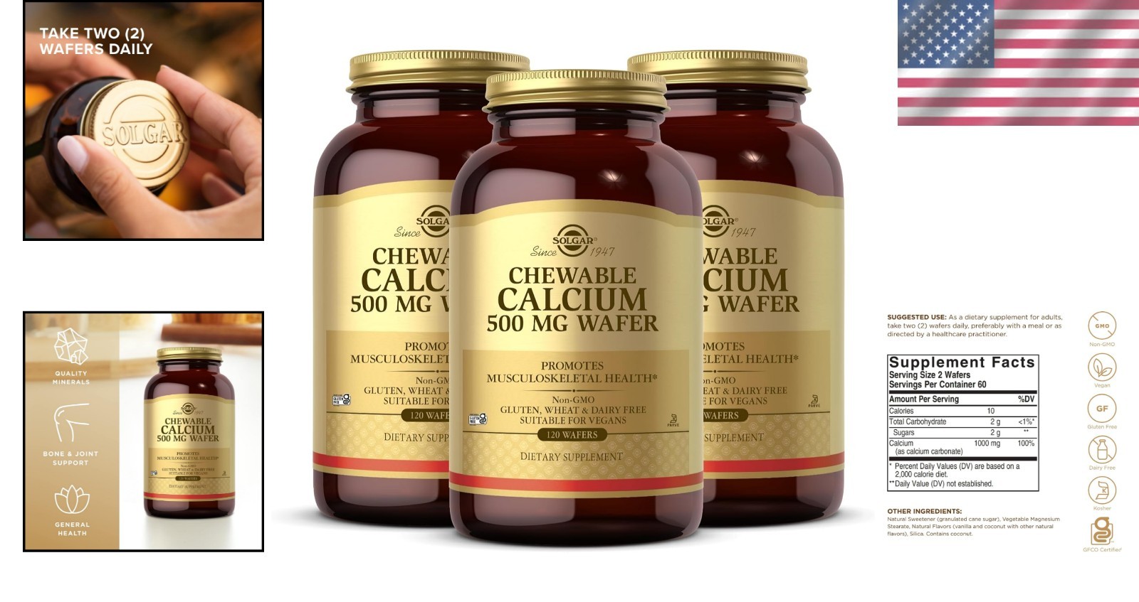Non-GMO Chewable Calcium 500 mg – 120 Wafers, Ideal for Health Enthusiasts