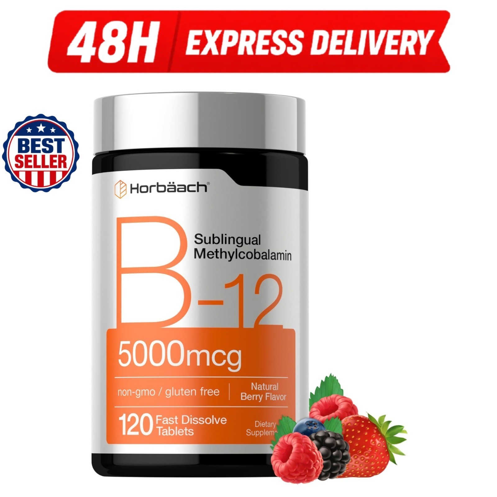 Horbäach B12 Vitamin 5000 mcg | 120 Fast Dissolve Tablets | Vegan