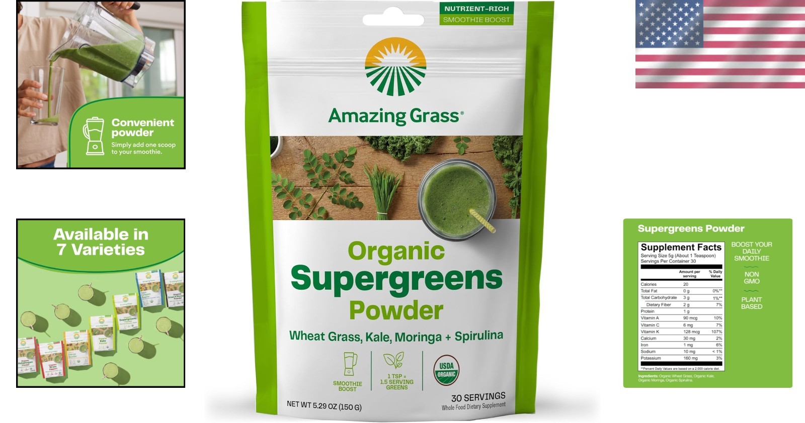 Super Greens Booster: Organic Smoothie Mix with Spirulina & Moringa, 30 Servings