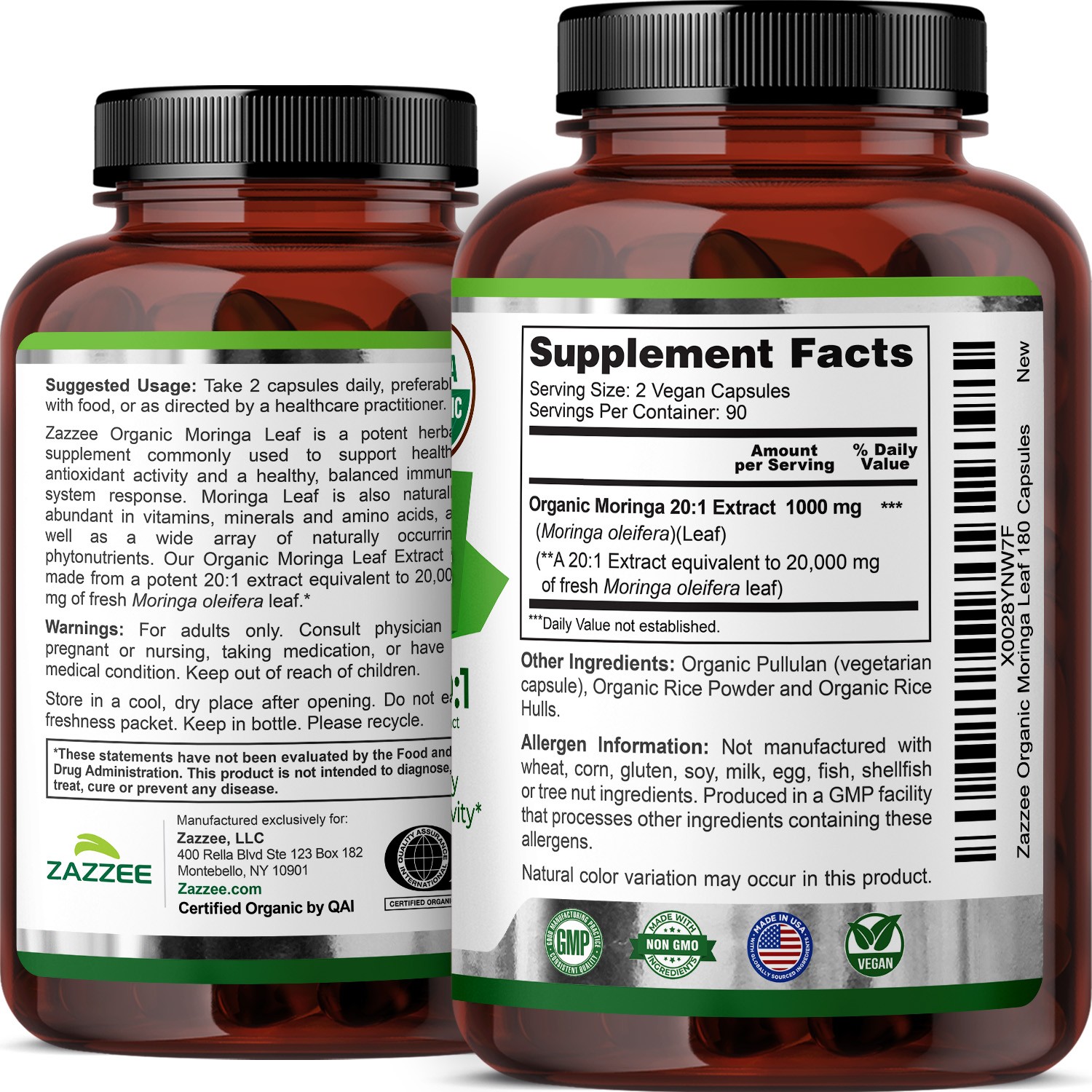 Zazzee Organic Moringa Extract 180 Capsules 7500 mg Strength 10:1 Antioxidant