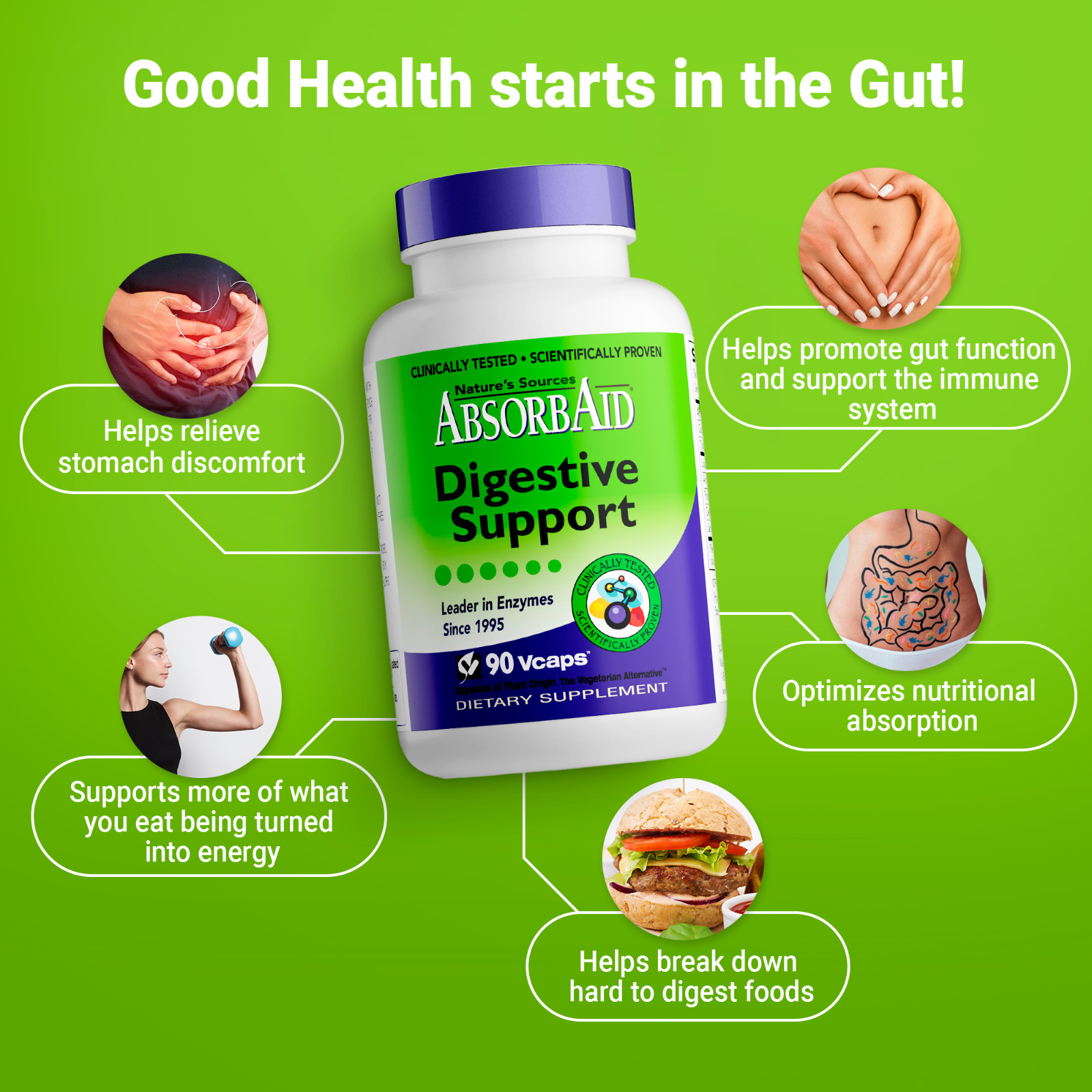 NEW AbsorbAid Natural Digestive Enzymes for gas, bloating & acid reflux 90 count