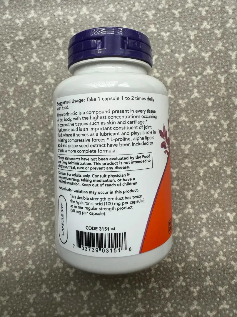 NOW Foods Supplements Hyaluronic Acid 100 mg Double Strength 120 Veg Capsules