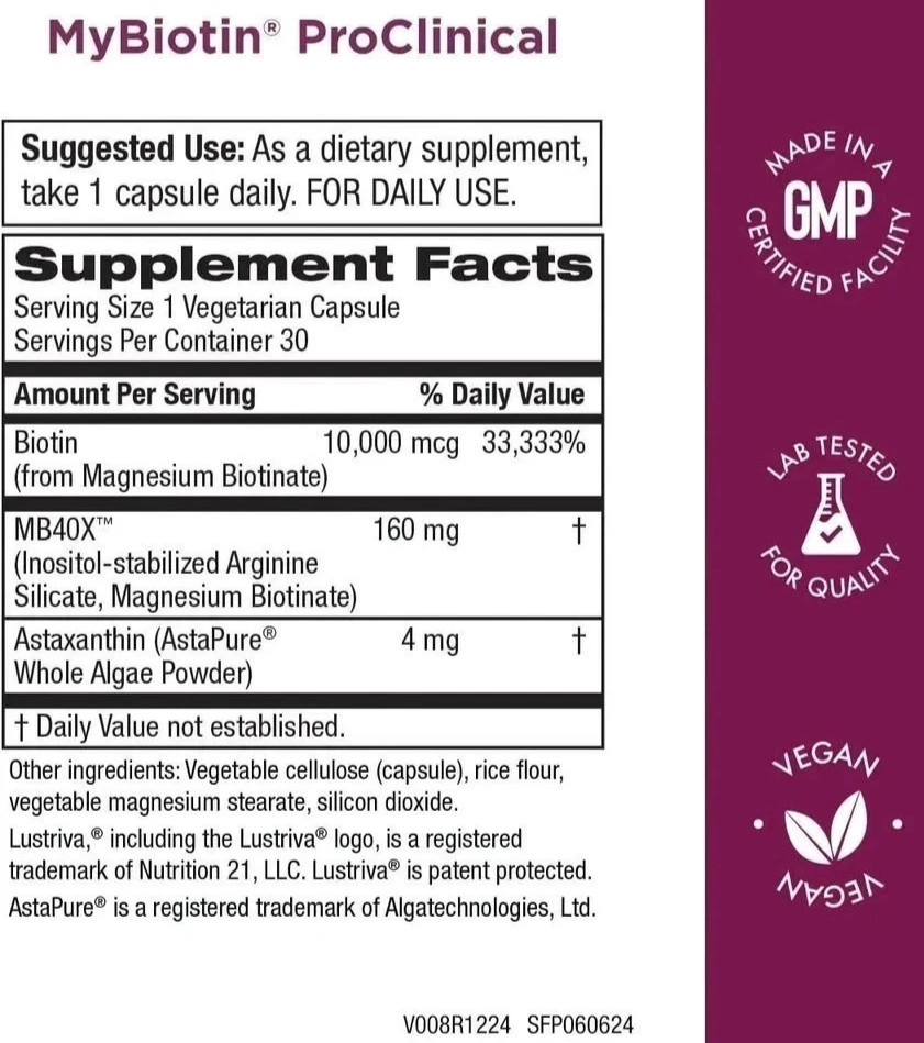 Purity Products My Biotin ProClinical MyBiotin 30 Capsules new EXP. 12/ 2027.