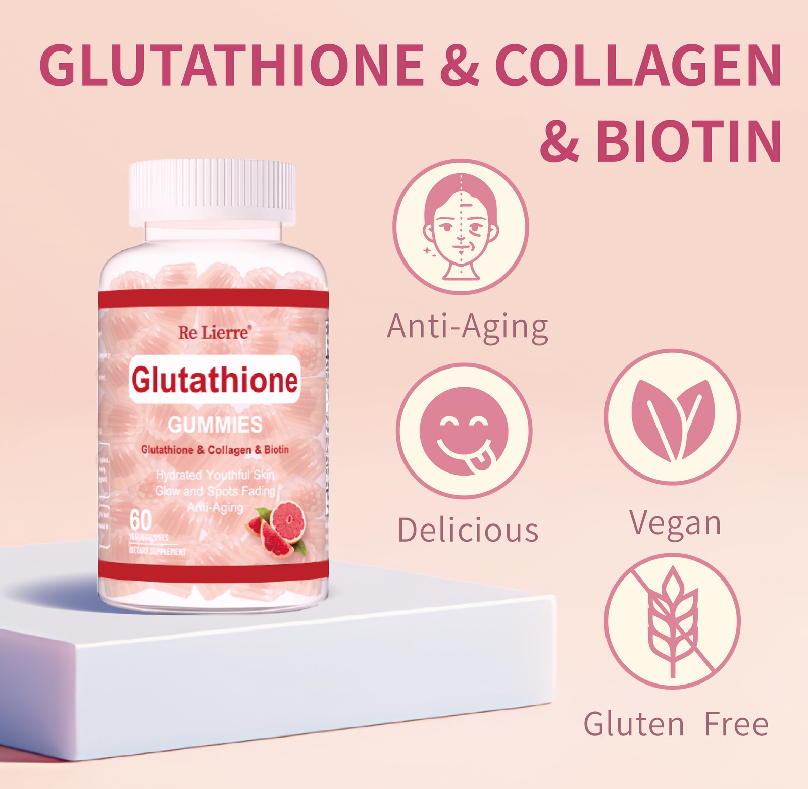 Glutathione Collagen & Biotine 60 Gummies Grapefruit Flavor – Supports Skin Nail