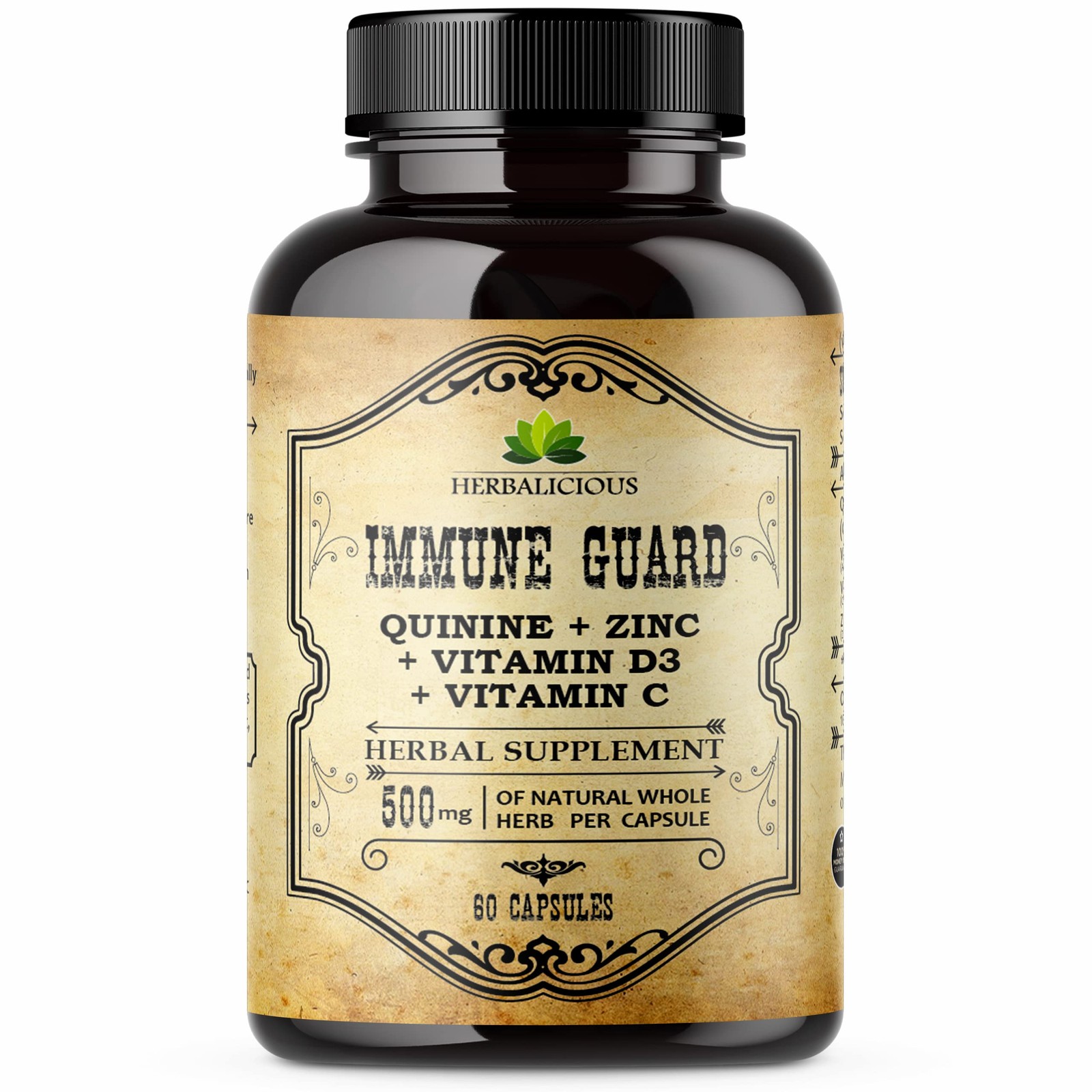 HERBALICIOUS Quinine Immune Guard 500mg w Vitamin C D3 Zinc 60 Caps