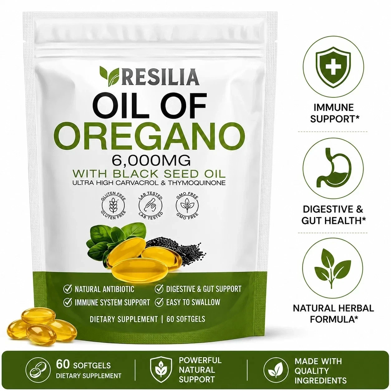 Resilia Softgels with Black Seed Oil 6000mg – Organic Oregano Oil Capsules fo…
