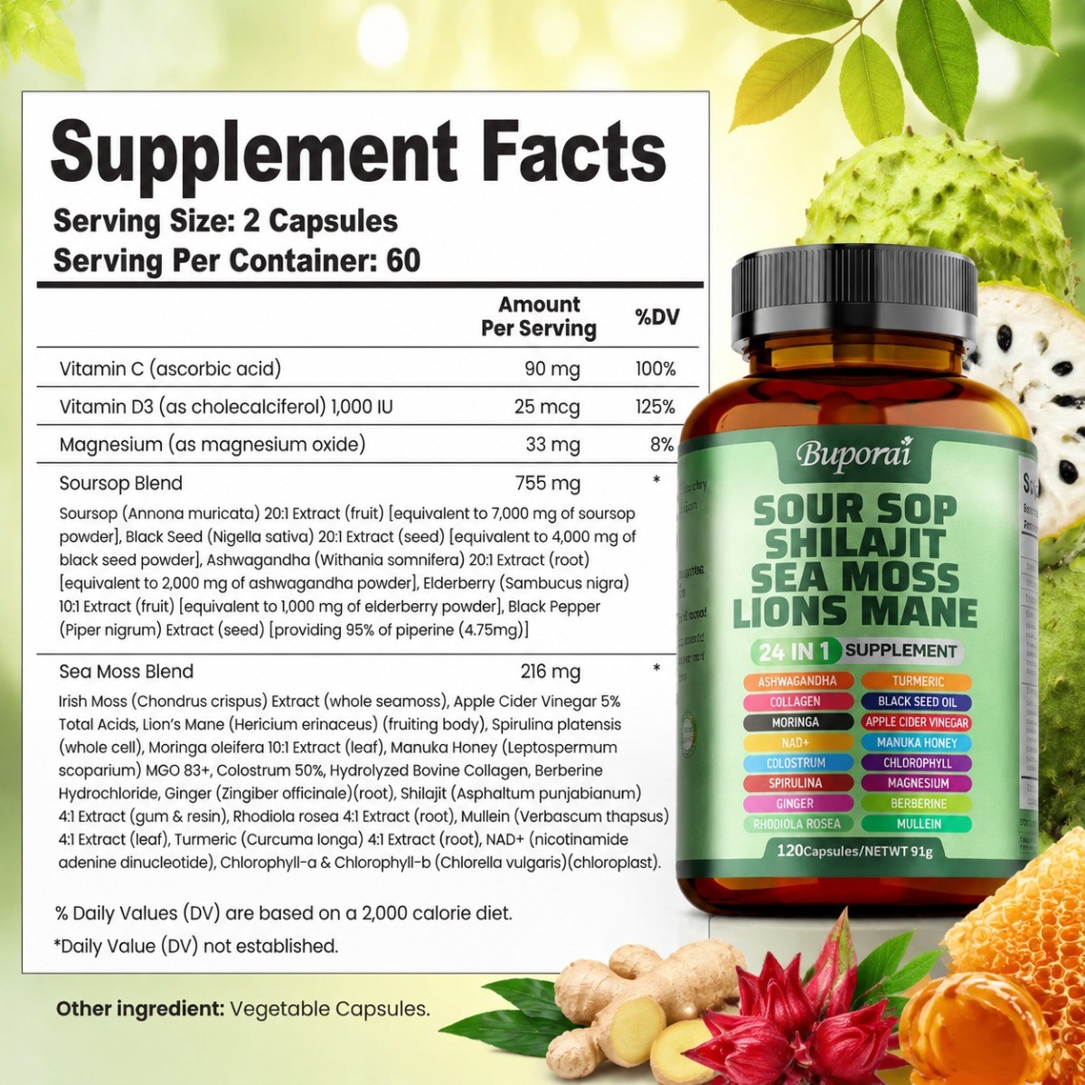 Buporai 24-in-1 Soursop | Sea Moss Lion Mane Support Skin Joint & Immune Health