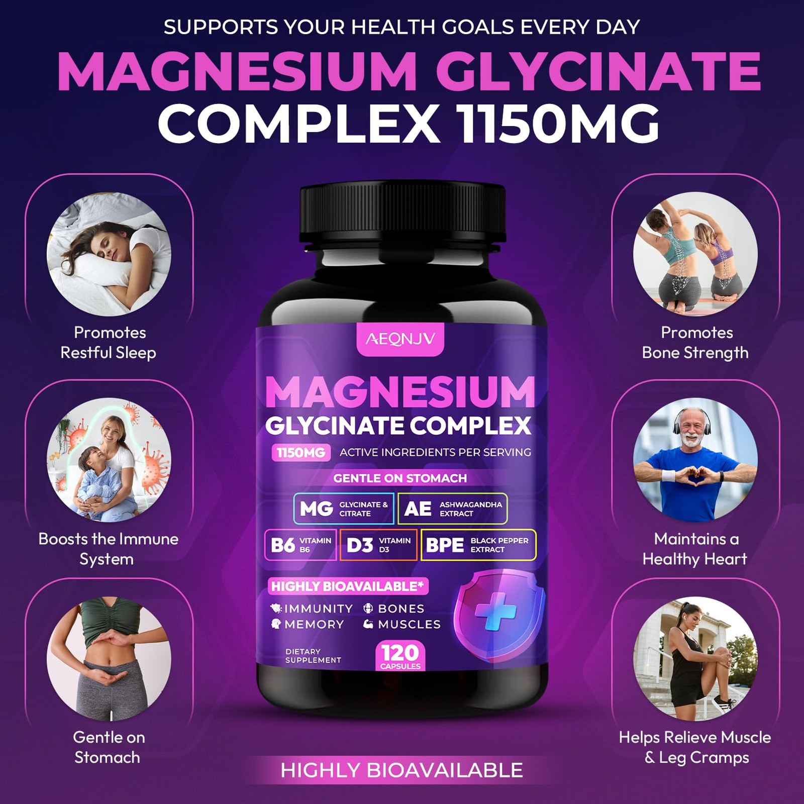 Magnesium Glycinate Complex 1150mg – Gentle on Stomach 120 Count (Pack of 1)