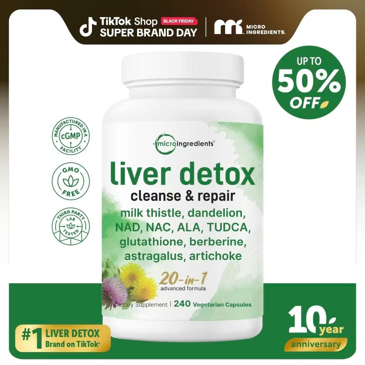 Micro Ingredients Liver Detox,240 Veggie Capsules,20-in-1 Advanced Support