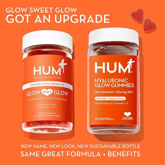 HUM Hyaluronic Glow Gummies Skin Hydration Supplement Orange Flavor | 60 Gummies