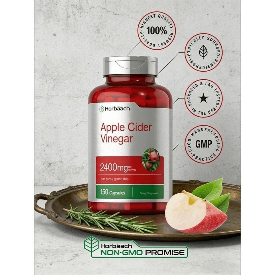 Non-GMO Horbäach Apple Cider Vinegar 2400mg Supplement 150 Capsules Gluten NEW
