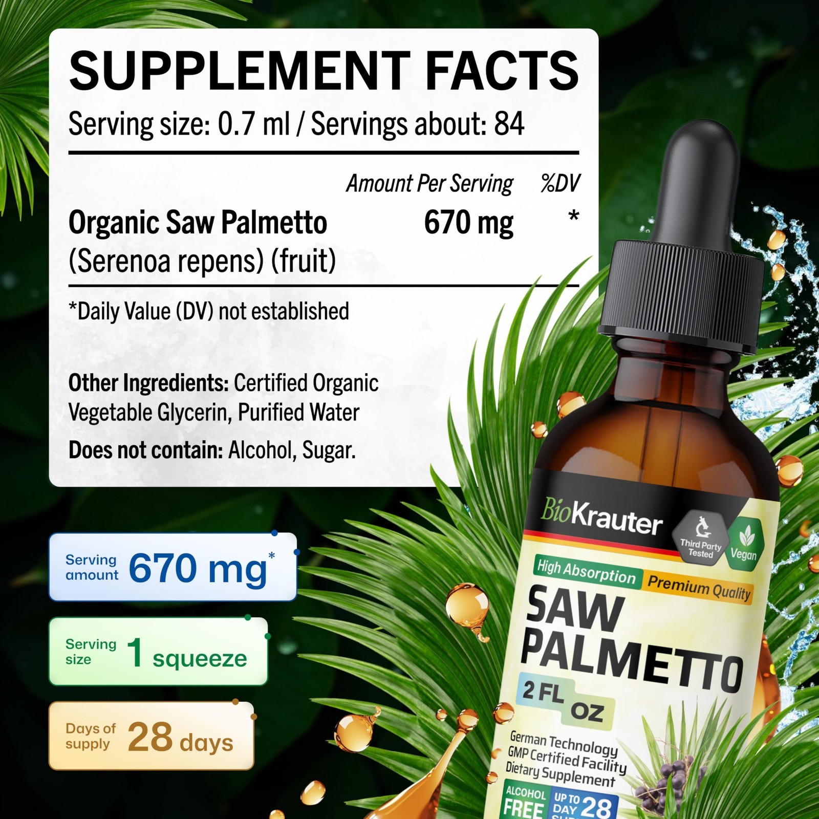 Saw Palmetto Liquid Drops 670mg – Vegan Hair & Skin Wellness, 28-Day Supply