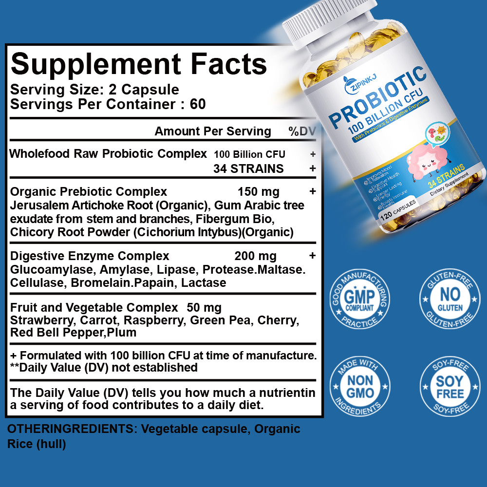 120 Capsules Probiotics Digestive Enzymes 100 Billion CFU Potency Immune Health