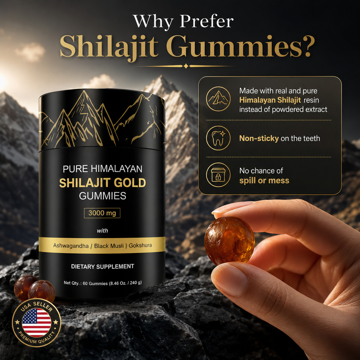 100% Pure Organic Shilajit GOLD Gummies, Ashwagandha, Fulvic Acid& other 3000mg