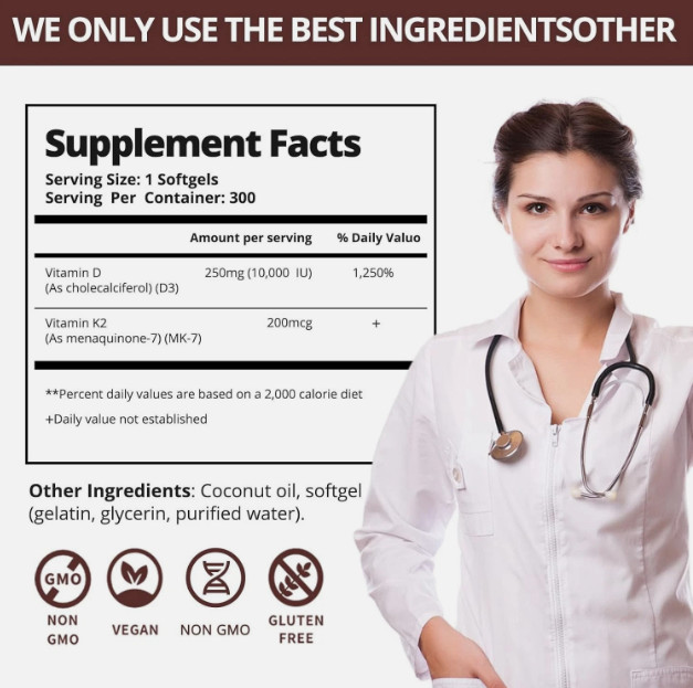 Vitamin D3 10000 iu Plus K2 (MK-7) 200 mcg, 300 Virgin Coconut Oil Softgels