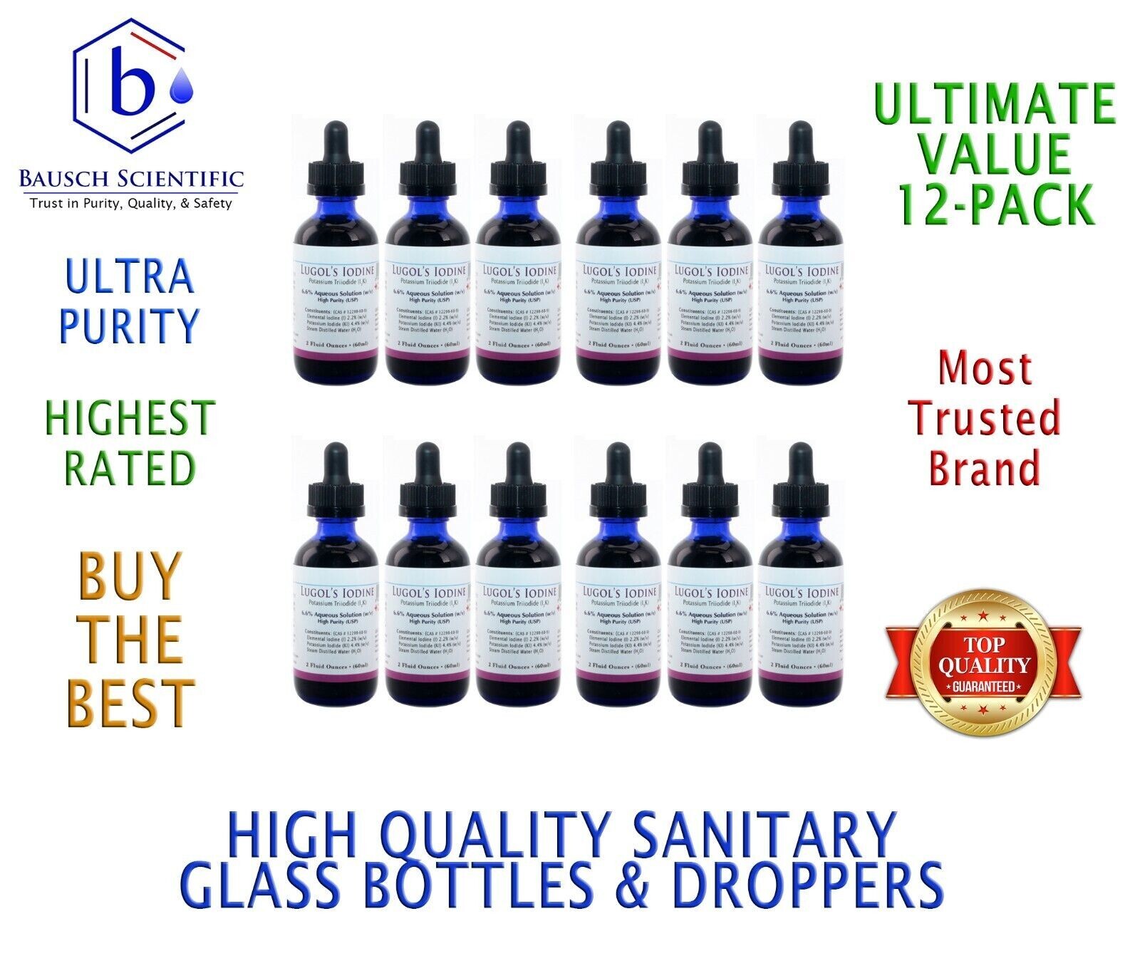 BAUSCH SCIENTIFIC Lugol’s Solution of Iodine 2% 2oz Economy Pack (12 Bottles)