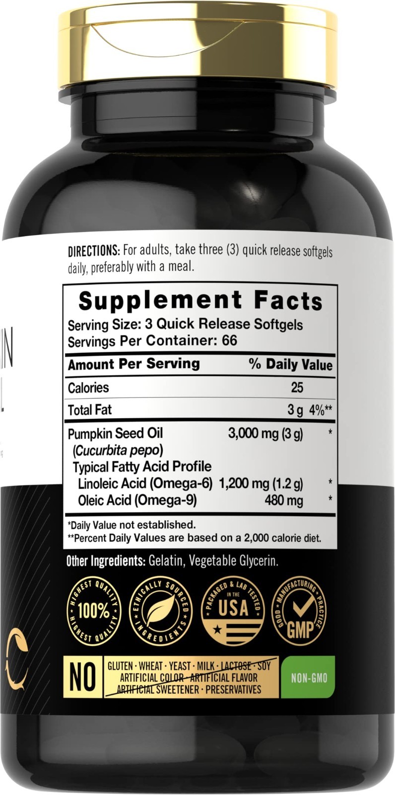 Pumpkin Seed Oil 3000mg Softgels | 200 Count | Cold Pressed, Non-GMO, Gluten Fre