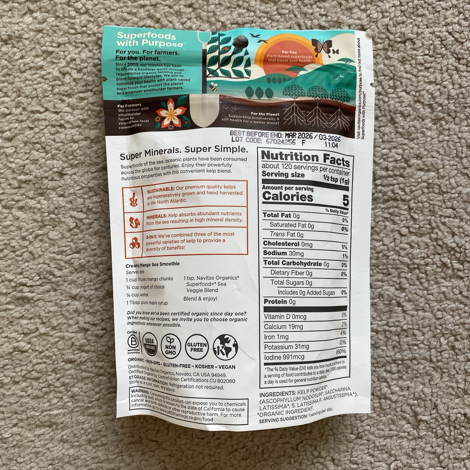 Navitas Organics Marine Minerals Organic Superfood+ Sea Veggie Blend 4.2oz/120g