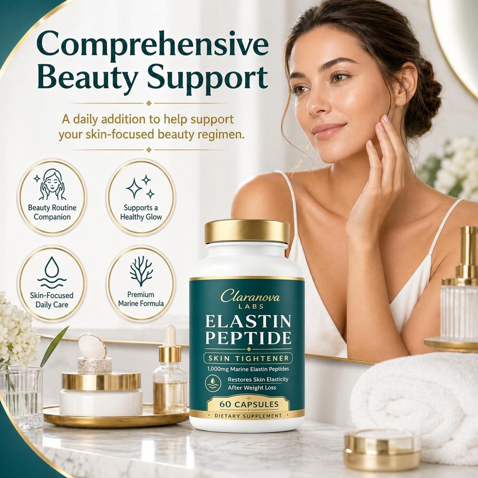 Claranova Labs Marine Elastin Peptides, Elastin Peptide Skin Tightening 60 Ct X3