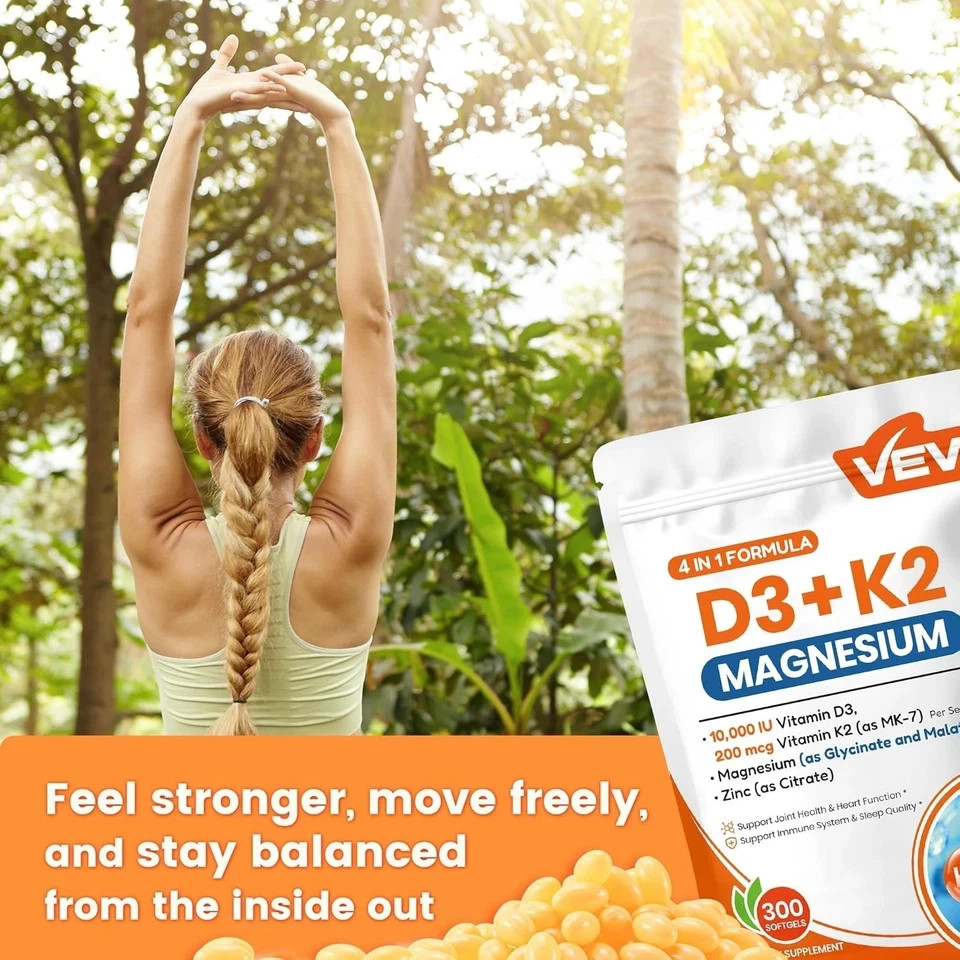 VEV Vitamin D3 K2 Magnesium 10000 IU Softgels Zinc Bone Muscle Energy 300ct